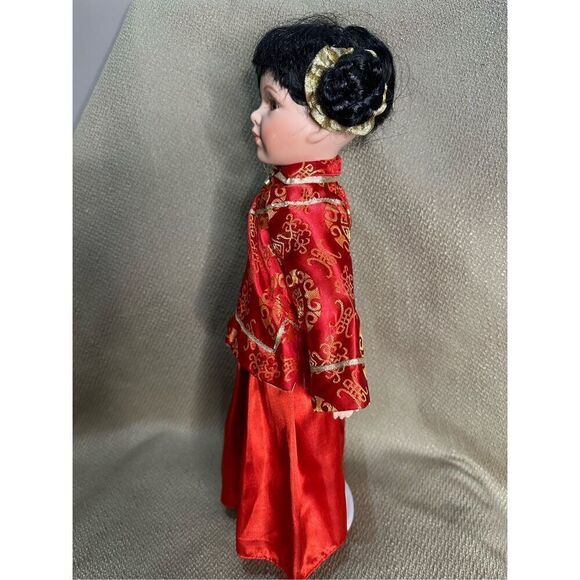 Unique Porcelain Asian Doll Red Traditional Outfit Dark Hair 15” with Stand - Picture 4 of 10